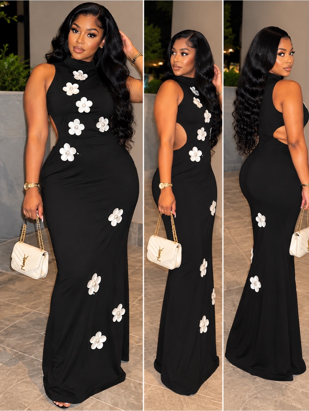 Black Maxi Dress with White Floral Appliqué - Sleek Cutout Evening Gown